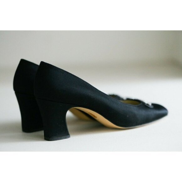 Vintage Hand Made Back Satin Rhinestone Slip on Heels 6.5 - Picture 6 of 8